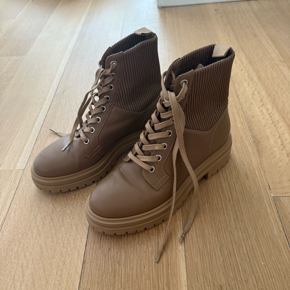 GIANVITO ROSSI Ribbed-Panel Leather Combat Boots Brown Size 36.5